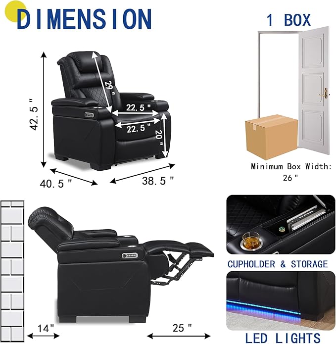 THSUPER Power Breathable Leather Reclining Chair with 7-Color LED Light, Living Room Recliner Chair with Adjustable Headrest/USB Port/Cup Holder/Storage Arm for Living Room, Black