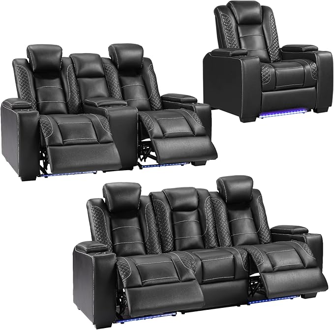 ANJ Power Recliner Sofa Set, Faux Leather Reclining Living Room Furniture Set, Included Recliner Chair,Reclining Loveseat and 3 Seat Recline Sofa