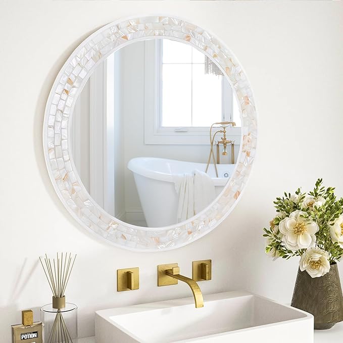 Tanmicoshomy 24 Inch Round Wall Mirror with Mother of Pearl Frame, White Circle Mirrors with Tempered Glass, Shatterproof for Bathroom, Bedroom or Entryway