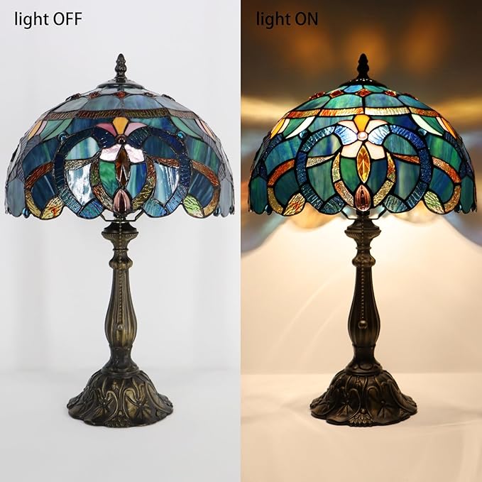 Tiffany Lamp Table Lamp Bedside Reading Light W12H19 Inches (Blue Baroque Style)