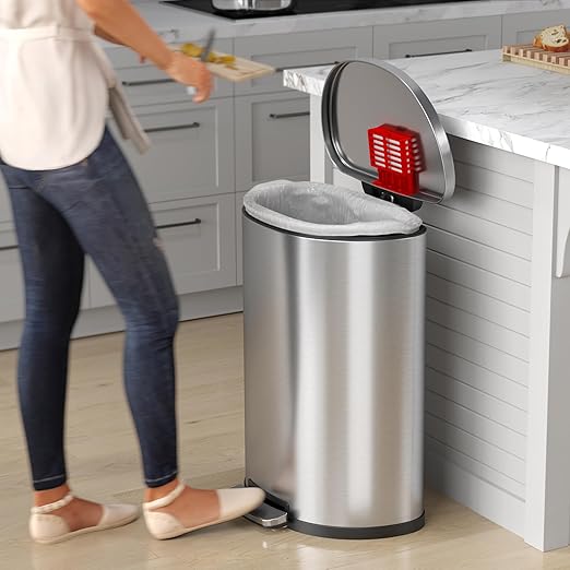 iTouchless SoftStep 13.2 Gallon Step Trash Can with Odor Control System Stainless Steel, Semi-Round, 50 Liter Garbage Bin for Kitchen, Office, Home-Silent and Gentle Open/Close, Space Saving