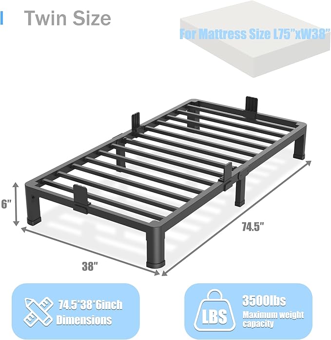 6 inch Twin Bed Frame with Round Corner Legs Mattress Slide Stopper,Low Profile Heavy Duty Metal Platform,No Box Spring Needed,Steel Slat Support,Easy Assembly,Noise Free
