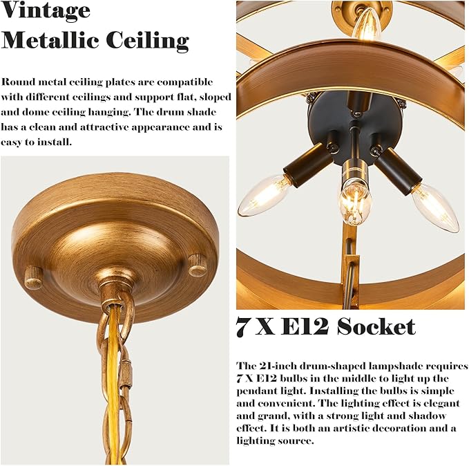 21" Vintage Metal Drum Chandelier, 7-Light E12 Industrial Adjustable Chain Hanging Pendant Light Fixtures. 3 Layer Lampshade Gold Metal Drum Chandelier for Foyer Entryway, Kitchen, Bedroom