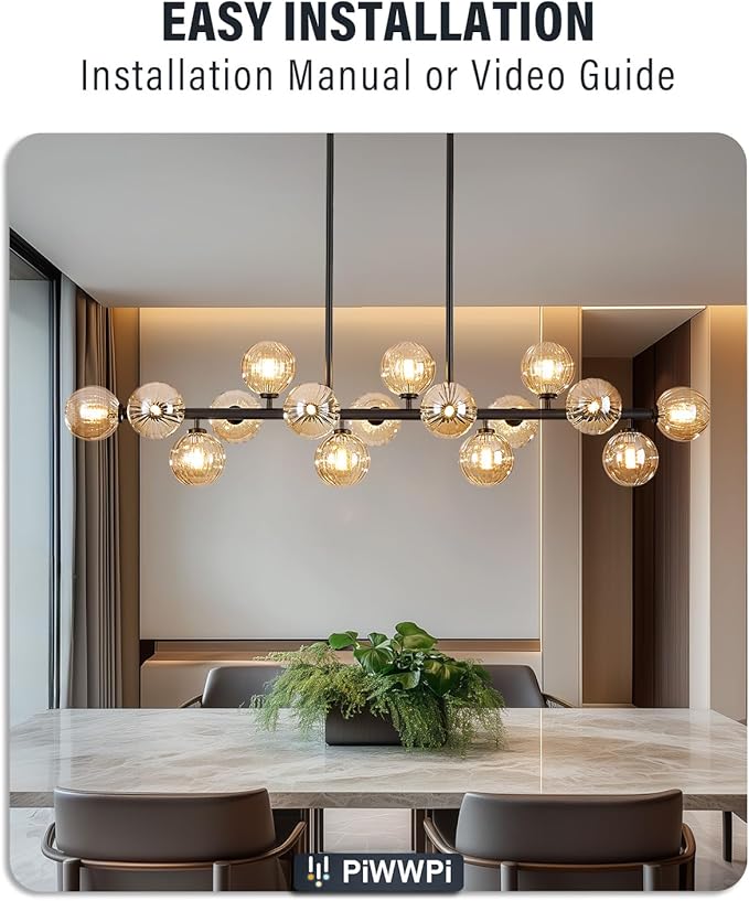 Large Linear Chandeliers for Dining Room Kitchen Island, 55" Long Light Fixture Over Table, 16-Light Modern Globe Sputnik Farmhouse Chandelier, Black and Amber Bubble, GC-08