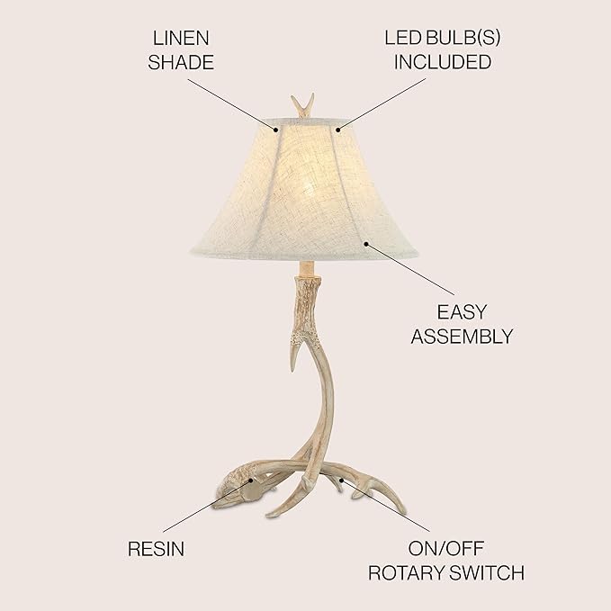 JONATHAN Y 27.5" Beige Antler Rustic Resin Table Lamp for Living Room Bedroom, Light Grey Linen Shade, Farmhouse Lodge Nightstand Lamp, LED Bulb Included (JYL6305B)