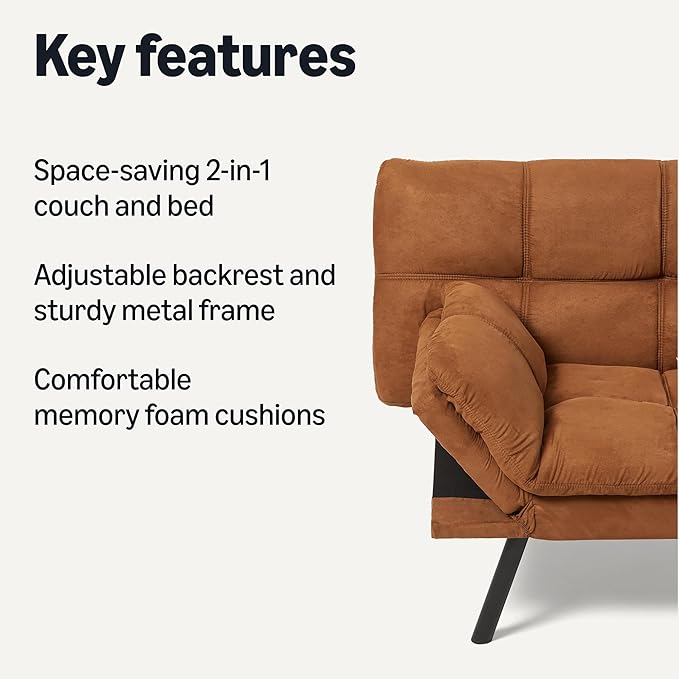 Amazon Basics Convertible Loveseat Sofa Bed with Memory Foam, Adjustable Positions, Linen Fabric, Modern Sleeper for Small Living Room, Office, Apartment, Brown