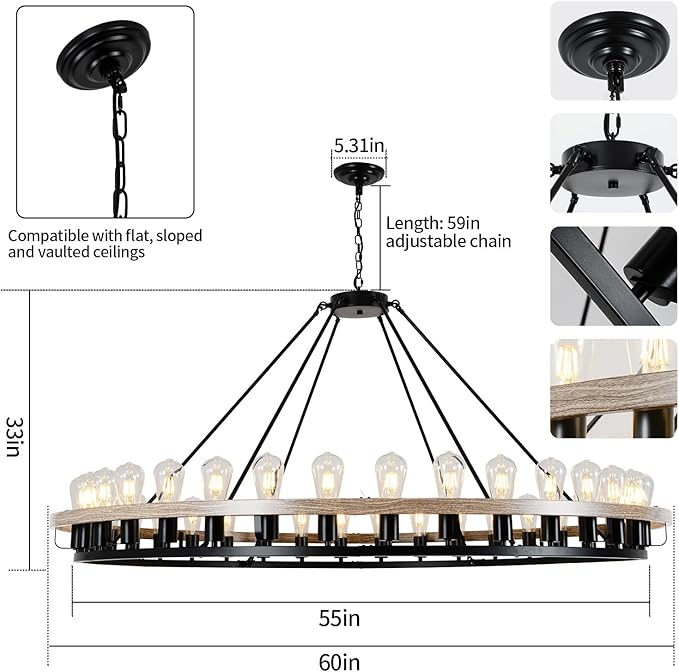 Wagon Wheel Chandelier 60-Inch 36-Light, Black and Oak Wood Tone Finish Round Rustic Farmhouse Chandelier Extra Large for High Ceilings, Living Room Foyer