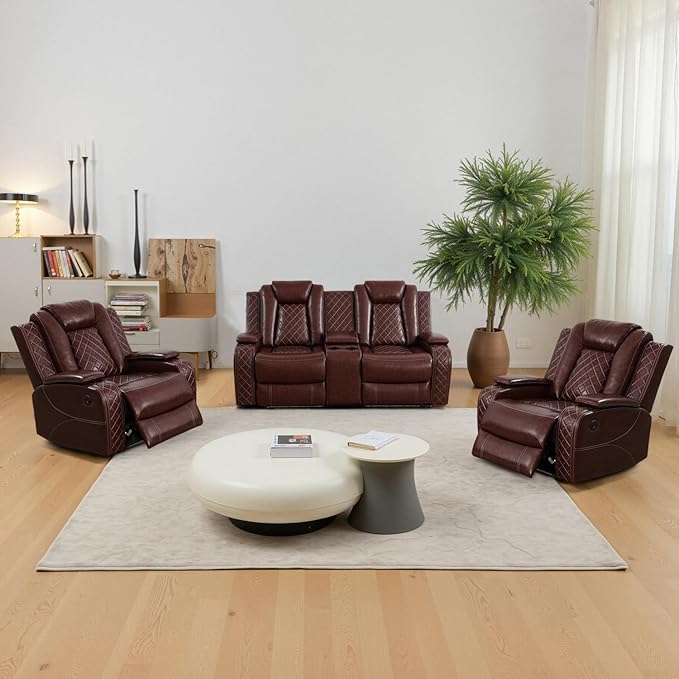 Power Recliner Sofa Set, Air Leather Reclining Couch with LED, Reclining Living Room Sofa and Loveseat Chair for House/Apartment/Office (Burgundy, LOVESEAT+2 Chairs)