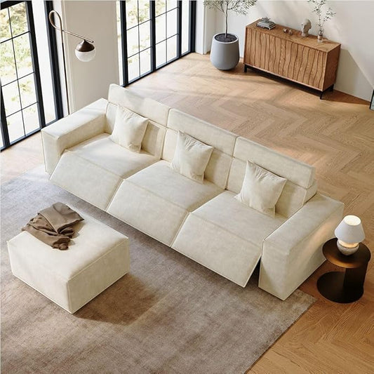 115" Power Sofa,Modular Sectional Couches for Living Room,Modern Large Sofa with Recliners,Comfy Velvet Cloud Couch with Deep Seat with 1 Ottoman,Pet Friendly,Free Combination for Home(Beige)
