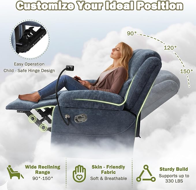 Manual Reclining Loveseat Sofa with 360°Adjustable Phone Holder, Center Console Storage with Type-C Charging & USB, Adjustable Headrest, Cupholders, Hidden Storage Drawer, Living Room, Home Theater