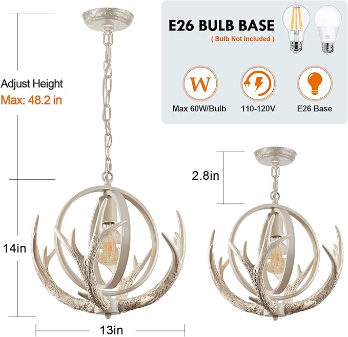 Rustic Antler Chandelier Dining for Dining Room, Unique Design Farmhosue 4 Antlers Chandeliers with Retro Globe Frame Antler Light Fixtures for Living Room Kitchen Foyer(Antique White)