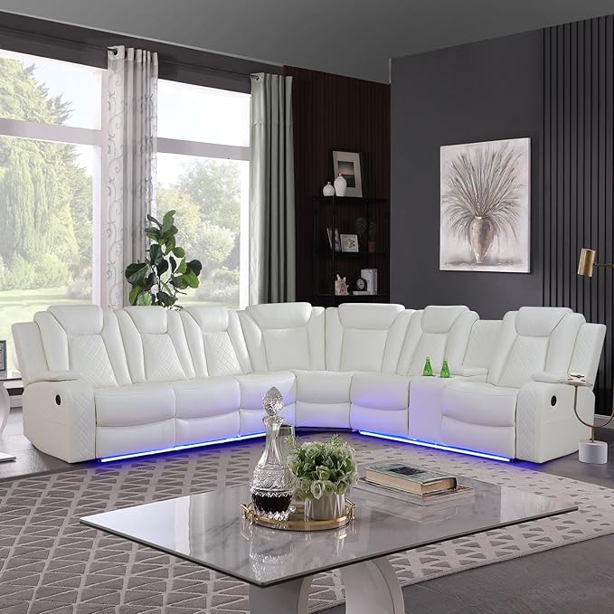 Leather Power Recliner Sectional Sofa with LED Light,L Shaped Leather Couch with 2 Recliner Seats，Modular Corner Sofa with Storage Console/Coffee Table for Living Room(White, Sectional)