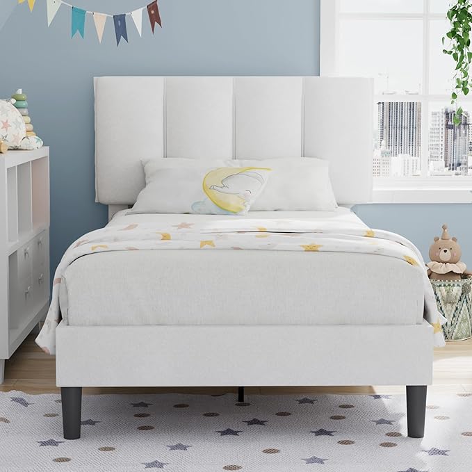 VECELO Twin Size Bed Frame with Upholstered Headboard, Heavy-Duty Bedframe with Wooden Slats & Steel Framework, Easy Assembly, Pure White