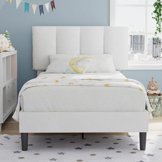 VECELO Twin Size Bed Frame with Upholstered Headboard, Heavy-Duty Bedframe with Wooden Slats & Steel Framework, Easy Assembly, Pure White