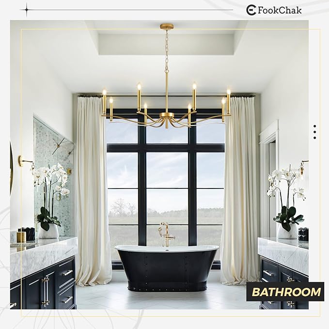 Gold Chandeliers for Dining Room, 8-Light Brass Chandelier Light Fixture Over Table Modern Candle Chandelier 44in Master Bedroom Chandeliers Lighting for Entry Foyer Bathtub Living Room