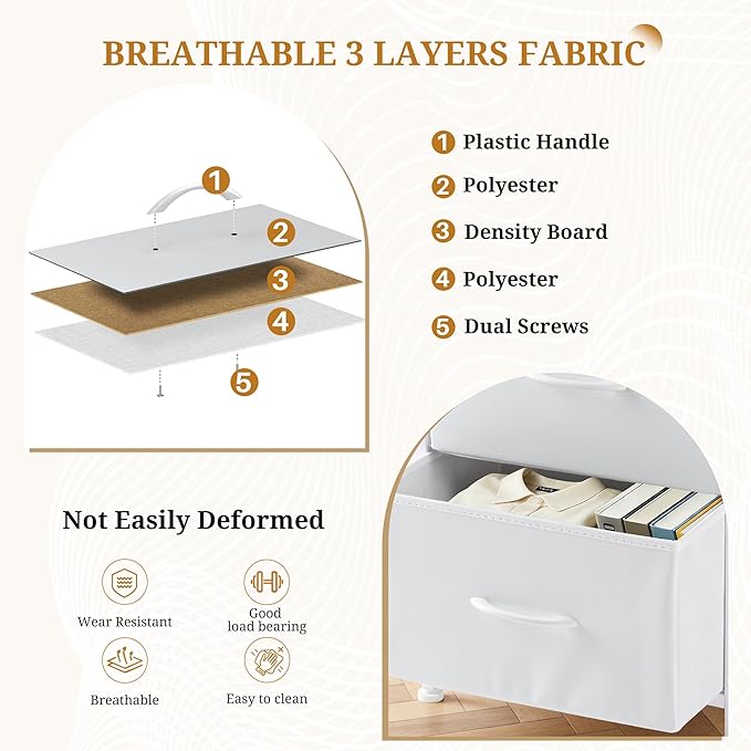 Nightstand with 4 Fabric Drawers, 37.4" H Tall Narrow Bedside Table with Wooden Top Steel Frame for Bedroom, Dorm, Closet, Living Room, White