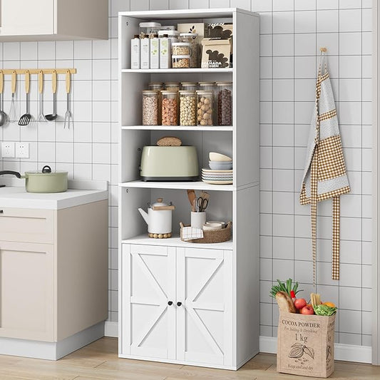 CABIHOME Farmhouse Bookcase with Doors 71.4in Tall Bookshelf 11.8in Depth Display Storage Shelves Industrial Bookcases Wooden 6 Shelf Bookshelves for Bedroom, Living Room, Home Office