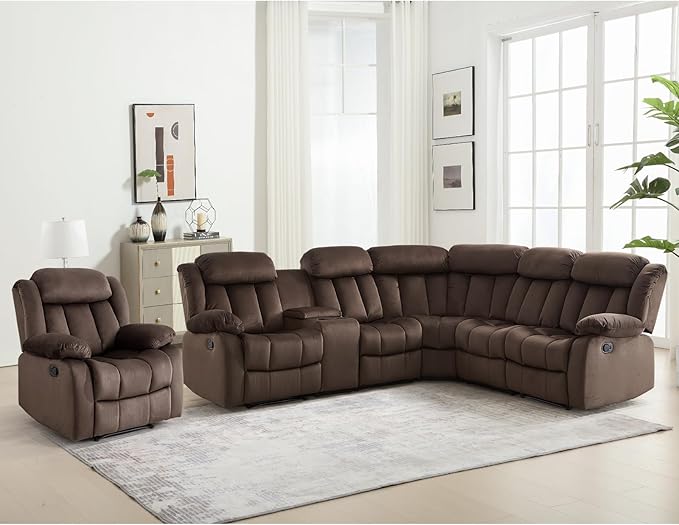 EBELLO Manual Reclining L-Shaped Sectional Sofa Set, Soft Fabric Corner Couch with Center Console, Cup Holders and Storage – Perfect Living Room Home Set Furniture(Sectional+Chair)