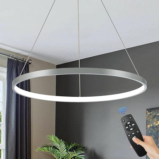 Chrome LED Ring Chandelier 24" Remote Control Dimmable Flush Mount Pendant Chandelier for Dinning Room Office Kitchen Living Room,3000-6500K