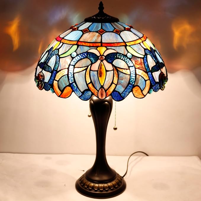 WERFACTORY Tiffany Lamp Blue Purple Cloud Stained Glass Style Table Lamp 16X16X24 Inches Desk Bedside Reading Light Resin Base Decor Bedroom Living Room Home Office S558 Series