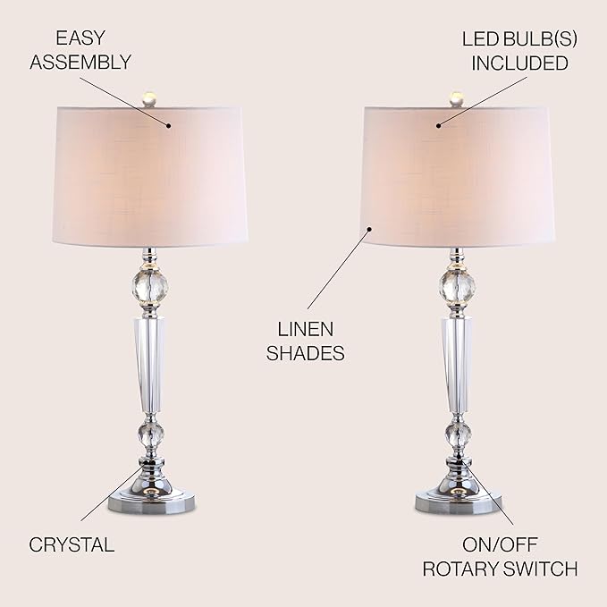 JONATHAN Y 30.5" Clear Crystal Table Lamp Set of 2 for Living Room Bedroom, Modern Glam Candlestick Lamp with Chrome Base and White Linen Drum Shade, LED Bulbs Included JYL2048A-SET2