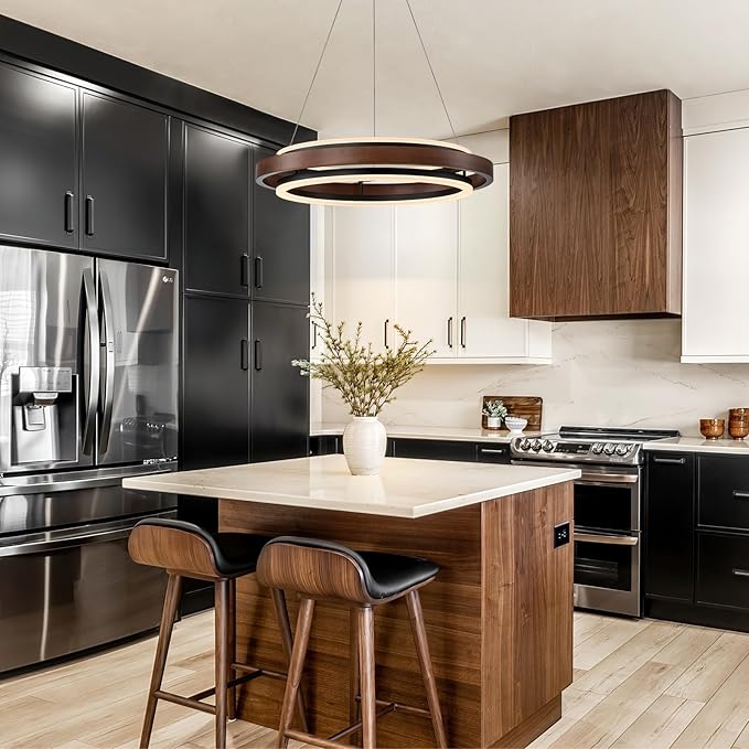 Modern Wooden LED Chandelier, 24" Dimmable Farmhouse Walnut Color Round Dining Room Light Fixtures, 2 Ring Wood Hanging Pendant Light for Kitchen Island Over Table Bedroom Office Living Room