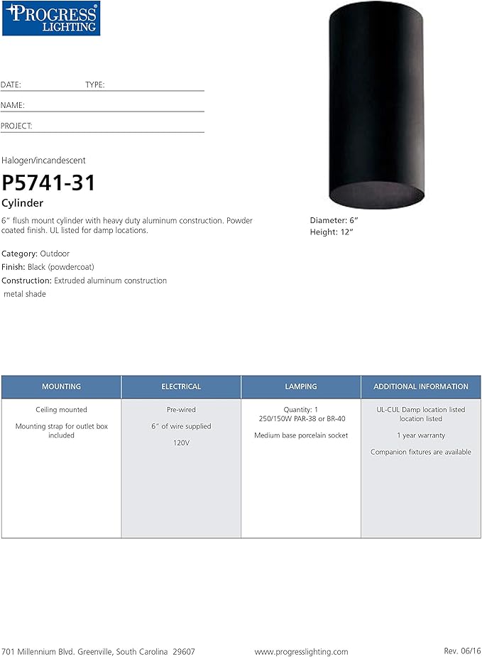 Progress Lighting 6-in Cylinder Outdoor Ceiling Light, 1-Light Modern Flush Mount, Interior and Exterior, Home or Porch, Aluminum, 6" W x 12". H, Black, P5741-31