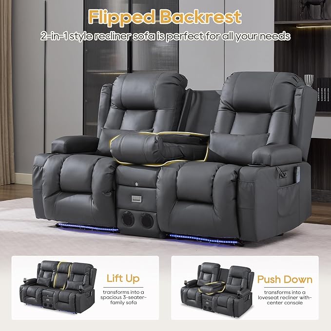 IPKIG Power Recliner Sofa with Flip-Up Backrest Console, USB & USB-C Ports, AC Outlet, LED Lights, Wall Hugger Recliners for Living Room, RV (PU Grey, 67" - 3 Seat) | Faux Leather, Zero Gravity, Dual Reclining, 2 Lumabr Pillow, Bluetooth Speakers