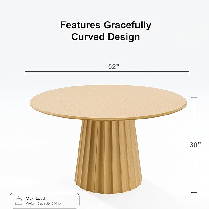 Casaphoria 52" Round Dining Table, Modern Wood Kitchen Table with Cone Shaped Strip Concave Base for Living Room & Dining Room, Easy Assembly Farmhouse Furniture for 4-6, Oak