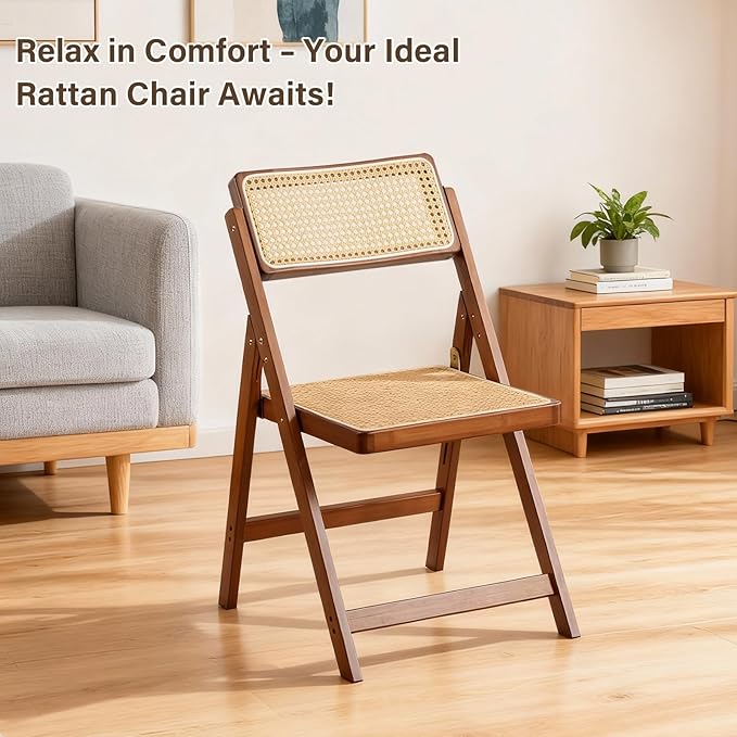 Rattan Folding Chairs, Modern Mid Century Dining Chairs Set of 2, Outdoor Bamboo Chairs for Bedroom Living Room Reading Room Dining Kitchen, Walnut