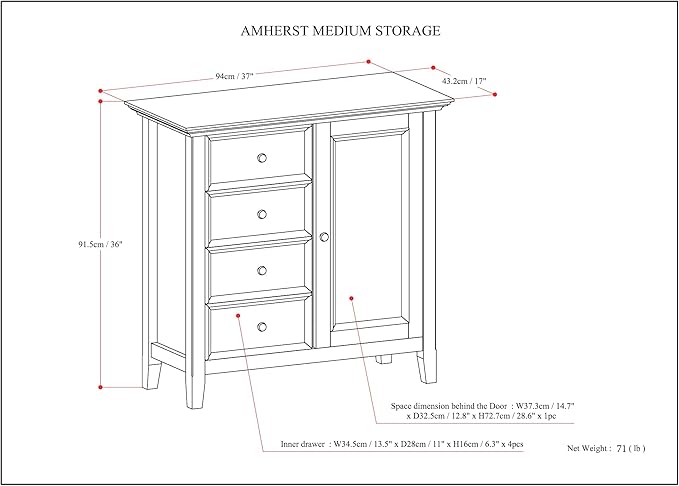 SIMPLIHOME Amherst SOLID WOOD 37 Inch Wide Transitional Medium Storage Cabinet in Light Golden Brown, with 4 Functional Drawers, 1 Door, 2 Adjustable Shelves