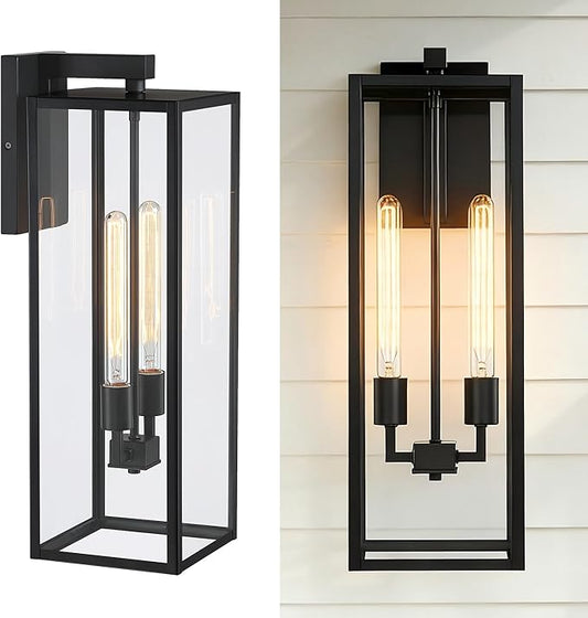 25in Extra Large Outdoor Wall Light 2-Light Black Wall Lantern for Porch,25” Exterior Sconce Metal and Glass Large Size Porch Light Black Outdoor Lanterns for Garage Balcony Patio Outside Lighting