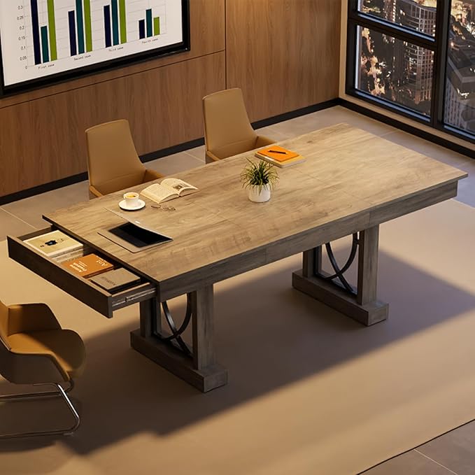 GarveeHome 71-Inch Rectangular Dining Table with Two Drawers, Wooden Kitchen Table w/Large Tabletop & Sturdy Frame, Large Dining Table for 6-8 with Double Pedestal, for Dining Room, Office