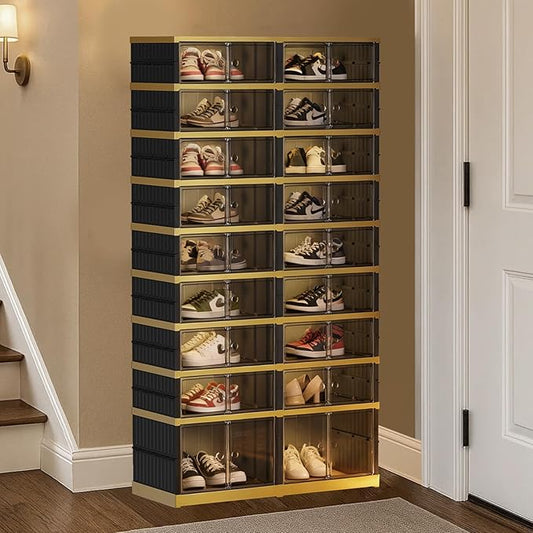 Foldable Shoe Rack Organizer 9 Tiers 36 Pairs Shoe Shelf with Doors, Large Collapsible Shoe Cabinet, Folding Plastic Storage Boxes, Easy Assembly Shoe Storage Bins for Entryway, Black Gold