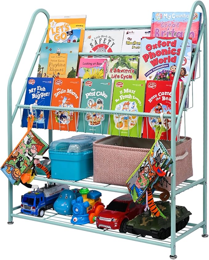 Kids Bookshelf Toy Storage, Bookcase Shelf for Children Room, 5-Tier Large Metal Cabinets Shelves Display, Freestanding Books Store Library, Bed Living Room Bins Organizer (Large, Green)