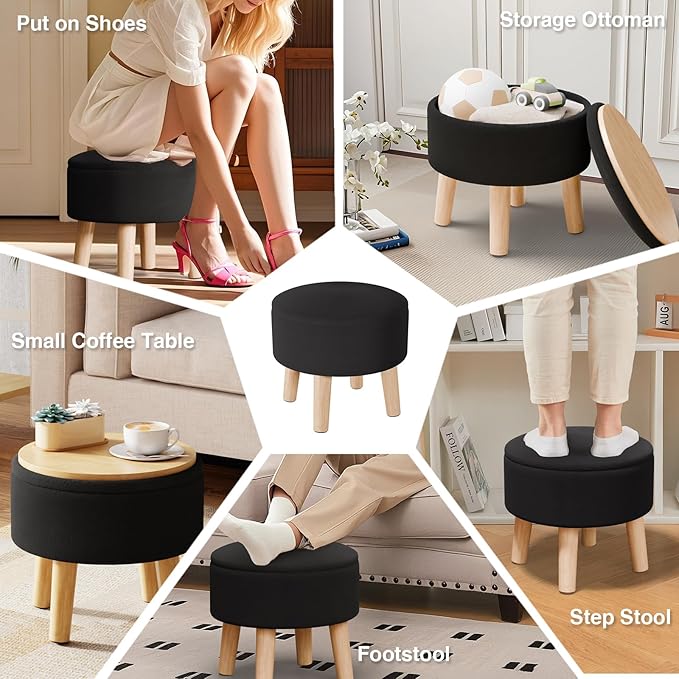 Poofzy Small Ottoman with Storage, Small Foot Stool Ottoman with Wood Legs, Velvet Foot Rest for Couch, Living Room and Bedroom - Black