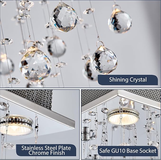 Bestier Chrome Modern Crystal Square Raindrop Chandelier Lighting Flush Mount LED Ceiling Light Fixture Pendant Lamp for Dining Room Bathroom Bedroom Livingroom 4 GU10 Bulbs Required 12" Wide 20" High