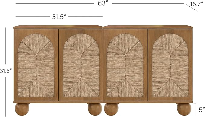 Nathan James Leah Boho TV Stand or Sideboard Cabinet for Kitchen or Living Room with Ball-Style Feet, Natural Seagrass Door Fronts and Solid Wood Legs, Light Brown, Set of 2