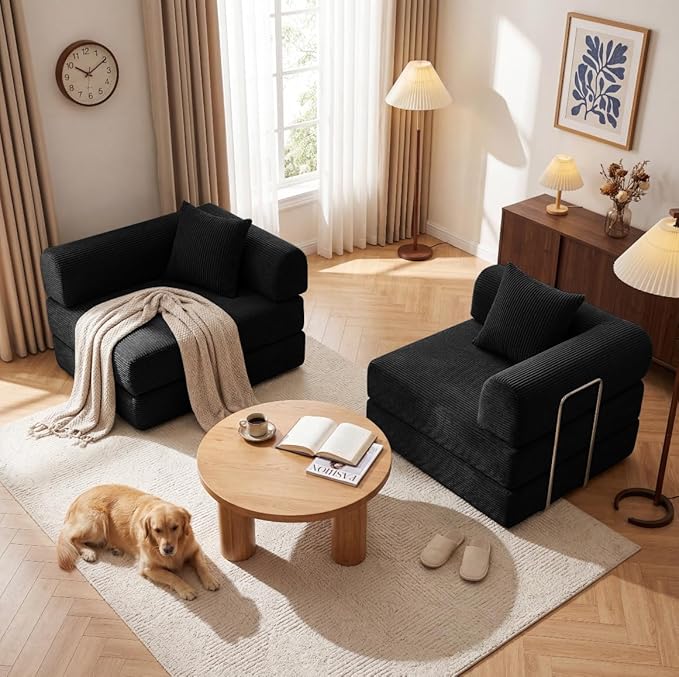 Convertible Compressed Corduroy Folding Cloud Sofa Bed, 59'' Modern Boneless Pull Out Loveseat Sleeper in a Box, 5 in 1 Floor Mattress Futon Cloud Couch, No Assembly Needed, Black, 2 Pillows, Queen