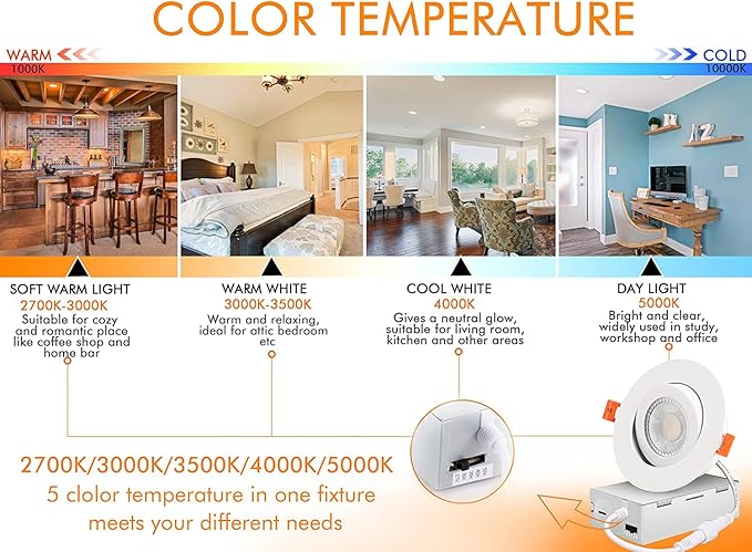 CLOUDY BAY Eyeball 4 inch 5 Color Gimbal LED Recessed Light with Junction Box, 9.5W CRI90+ 2700K/3000K/3500K/4000K/5000K Selectable,Dimmable, Canless Recessed Spotlights, Damp Rated, White,Pack of 6