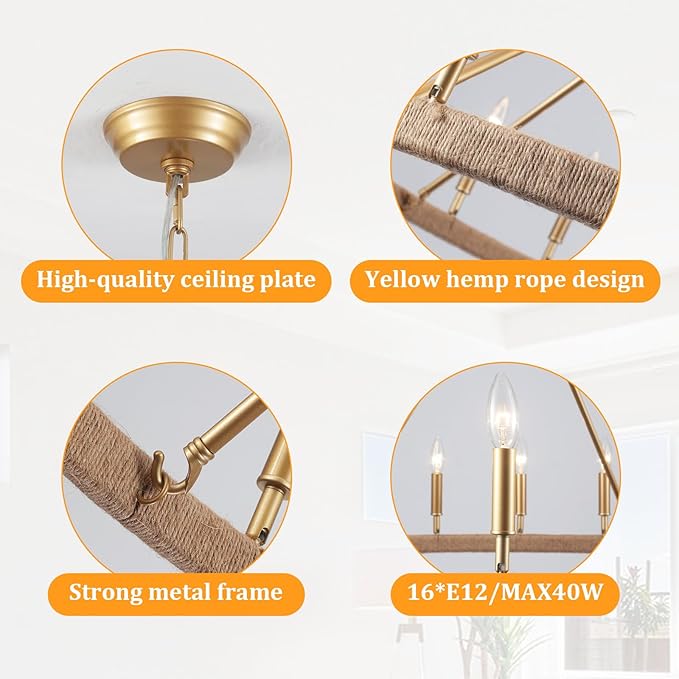 Rattan Wagon Wheel Chandelier 16 Light Farmhouse Chandeliers for High Ceilings Large Gold Pendant Light Fixtures for Dining Room Hemp Rope Around Wagon Wheel Light Fixture for Foyer,Living Room,E12