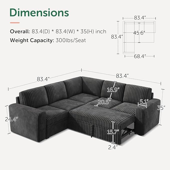 HONBAY Modular Sectional Sleeper Sofa with Pull Out Bed,Corduroy L Shaped Couch with Storage, Sectional Couches for Living Room,Dark Grey