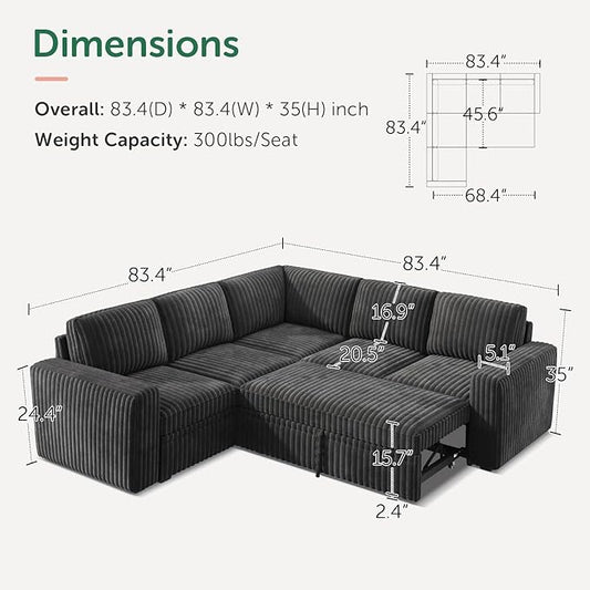 HONBAY Modular Sectional Sleeper Sofa with Pull Out Bed,Corduroy L Shaped Couch with Storage, Sectional Couches for Living Room,Dark Grey