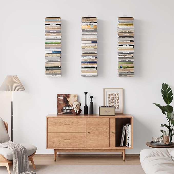 Invisible Bookshelf for Wall, 8 Tier Floating Bookshelf Made of Heavy Duty Metal, Vertical Spine Book Tower Hanging Wall Bookshelf, Floating Book Shelves for Wall, 4 Pack White