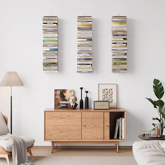 Invisible Bookshelf for Wall, 8 Tier Floating Bookshelf Made of Heavy Duty Metal, Vertical Spine Book Tower Hanging Wall Bookshelf, Floating Book Shelves for Wall, 4 Pack White