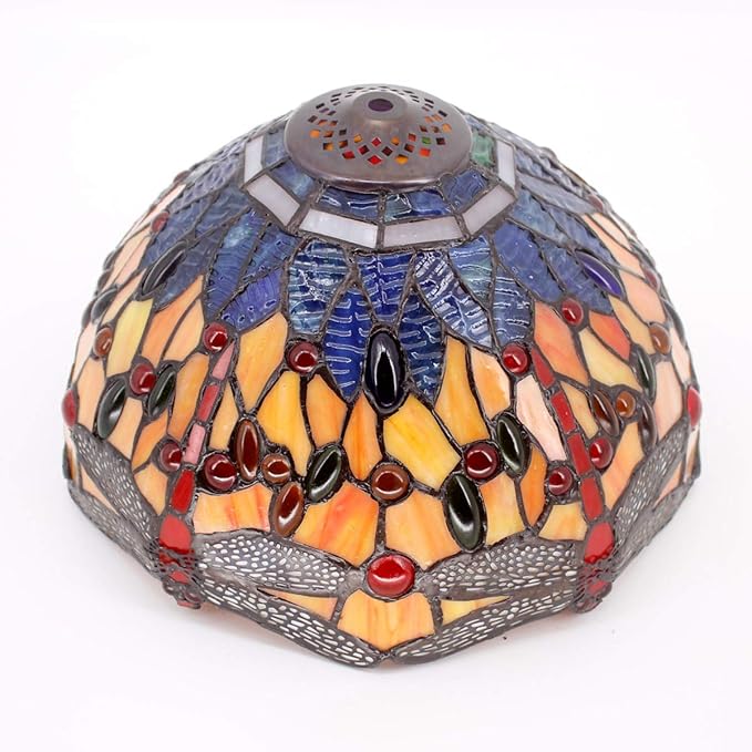 WERFACTORY Tiffany Lamp Stained Glass Bedside Table Lamp Orange Blue Dragonfly Style Reading Desk Light 12X12X18 Inches Decor Bedroom Living Room Home Office S168 Series