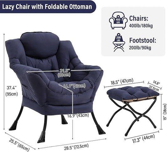 Lazy Chair with Ottoman, Modern Accent Chair with Folding Footrest, Navy Blue Sofa Chair Set, Comfortable Reading Chairs, Oversized Armchairs for Bedroom, Study, Living Room, Courtyard