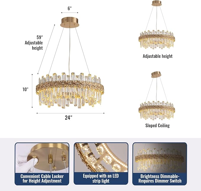 Gold Crystal Chandeliers for Dining Room,24" Luxury K9 Raindrop Crystal Chandelier,Adjustable Brushed LED Pendant Ceiling Light Fixture with Leaf-Edge for Dining Living Room Foyer Entryway