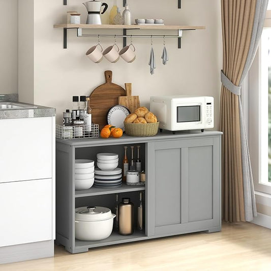 Giantex Set of 2 Buffet Cabinet, Coffee Bar Wine Cabinet, Farmhouse Accent Sideboard with Sliding Door, Adjustable Shelves, Cupboard, Storage Cabinet for Kitchen Entryway, Grey
