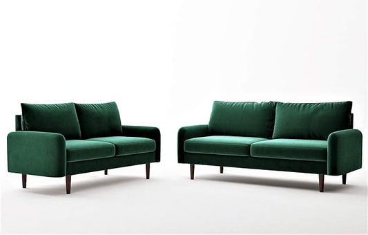 Container Furniture Direct Americus Velvet Upholstered Sofa and Loveseat Set, Couches for Living Room with Luxurious Mid Century Modern Design and Wooden Base, 2 Piece, Green
